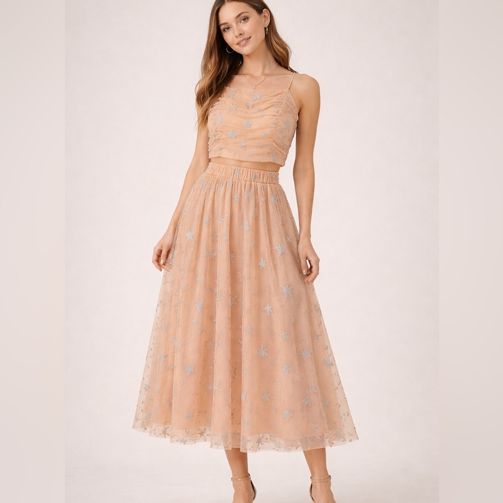 Altar’d State Peach Star Tulle Two Piece Set | Ruched Crop Top & Skirt smalll